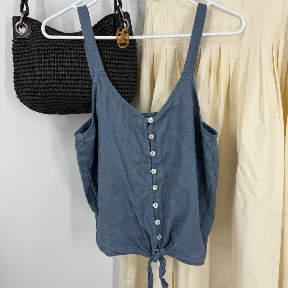 3 dots 100% linen Blue Button-Down Women's tank Top S